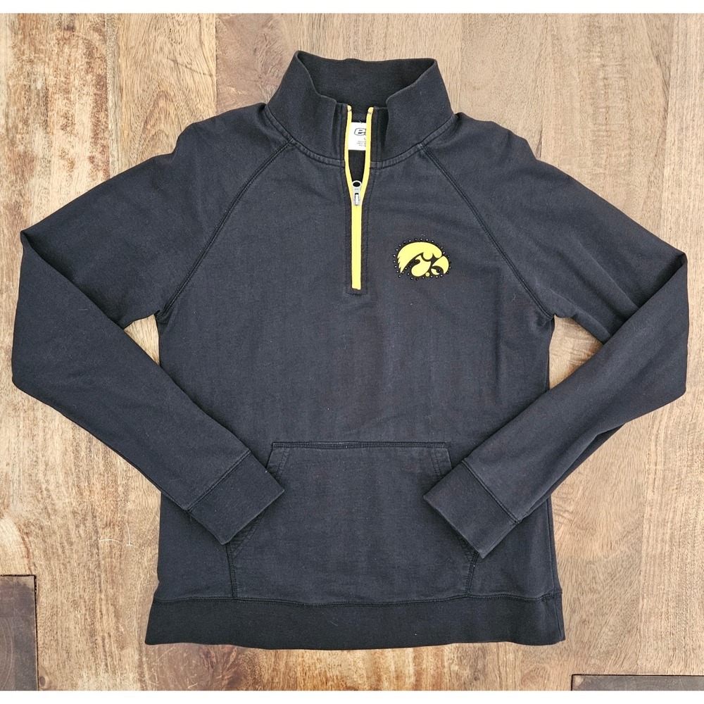 E5 Iowa Hawkeyes Sweater Womens L Black Rhinestone Embellishments 1/4 Zip Cotton